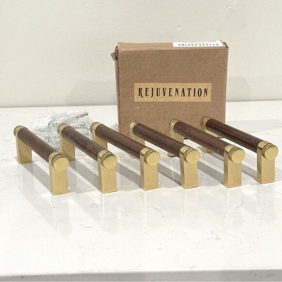 Rejuvenation West Slope Drawer Pull Walnut Wood and Aged Brass 4" C105370 - Picture 4 of 7